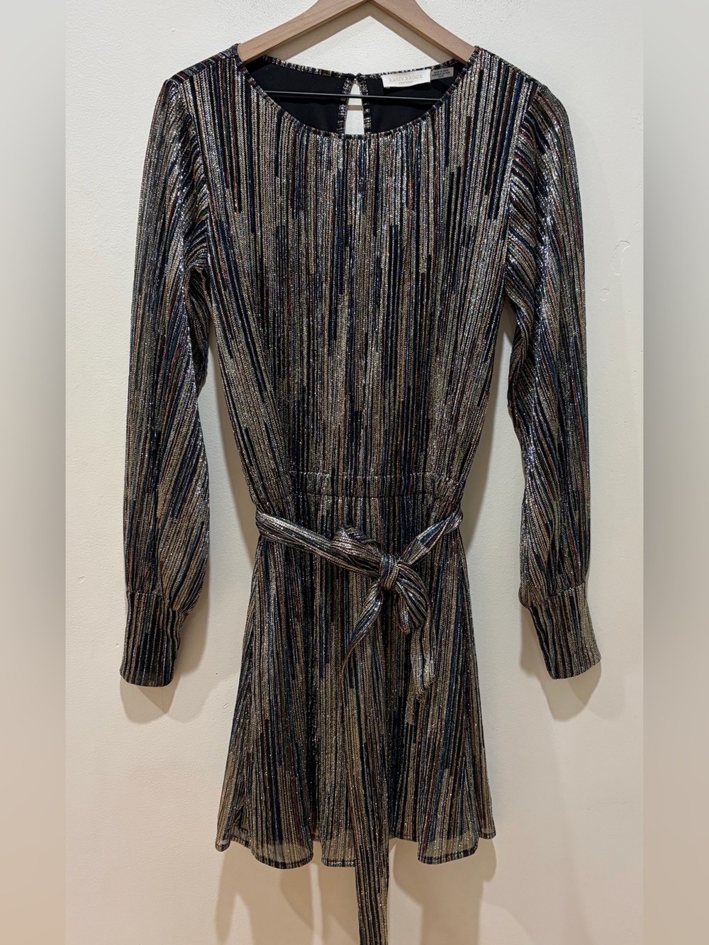 Ramy Brook Jordan Metallic Rib Textured Long Sleeve Waist Tie Mini Dress Size XS